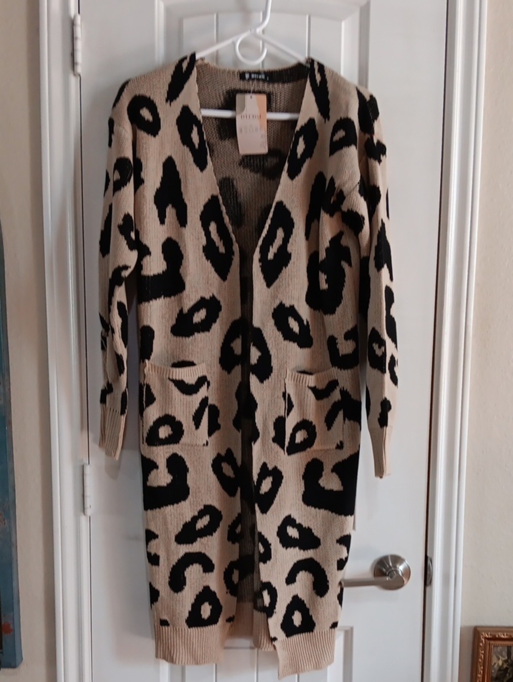 Leopard Print Long Open-Front Cardigan Sweater - Beige/Black
